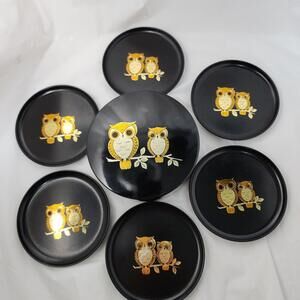 Vtg MCM Black Otagiri Owl Coaster Set Lacquerware Set Of 6 Container Trinket Box